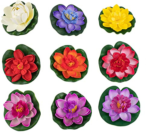 AUEAR, 9 Pack Artificial Floating Foam Lotus Flowers with Water Lily Pad for Pond Garden Aquarium Decoration