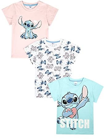 Disney Lilo and Stitch 3PK T-Shirts for Girls, Short Sleeve T-Shirts Pack of 3 Girls Summer Top, Ages 5 to 12 Years Old (UK, Age, 8 Years, 9 Years, Regular) Multi