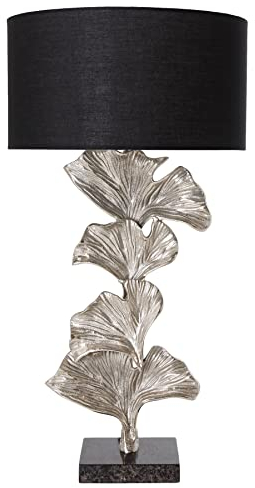 riess-ambiente.de Design Tischlampe GINKGO 70cm schwarz Stoffschirm silber Metall handmade Marmor-Fuß