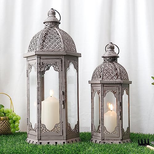 NEWIMAGE Set mit 2 Dekorativen Kerzenlaternen 50 cm und 38 cm Hoch Windlicht Laterne Außenbereich Vintage Metall Kerzenhalter für Garten Wohnzimmer Innenbereich Terrasse Balkon (Grau)