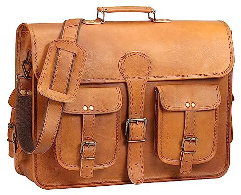 HULSH Laptoptasche aus Leder für Damen und Herren, 45.7 cm (18 Zoll), Hellbraun, echtes Leder, Aktentasche für Herren, Vintage-Look, passt perfekt einzigartig und edel, 18 Inches