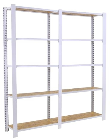 SimonRack Metallregal, 5 Regalböden, Holz, hohe Tragfähigkeit 200 kg, 2100 x 1600 x 300 mm, Bücherregal für Büro, Weiß/Holz Osb