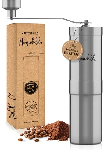 Morgenheld Moulin à café manuel en acier inoxydable – Meule en céramique réglable en continu – Broyeur grains de café – Coffee grinder espresso pour l’extérieur et le camping
