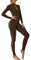 OEAK Damen Sport Jumpsuit Lang Eng Yoga Overall Langarm V-Ausschnitt Playsuits mit Reißverschluss Jogging Strampler Hosenanzug Trainingsanzug,Braun,M