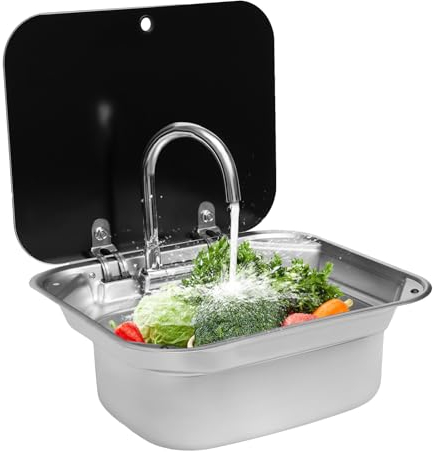 panfudongk RV Évier de camping-car en acier inoxydable avec robinet | Lavabo peu encombrant pour caravanes et bateaux | Accessoires inclus | Acier inoxydable 304 | Verre trempé