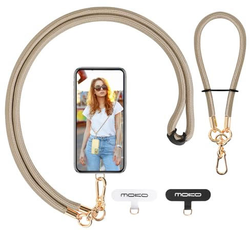 MoKo Adjustable Cell Phone Lanyard, Premium 8mm Thick Rope Mobile Phone Neck Strap for iPhone, Samsung and More - Khaki
