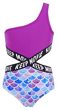 Xnihocha Badeanzug Mädchen Einteiliger Bademode Asymmetrisch Einzelne Schulter Sommer Schwimmbekleidung Sonnenhut UV Schutz Badebekleidung Bunte Fischschuppen 122-128