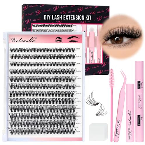 Veleasha DIY Eyelash Extension Kit 240Pcs Individual Lashes 40D-0.07D-9-16MIX DIY Lash Extension Kit Cluster Lashes Kit Wispy Fluffy DIY Lash Extension at Home for Beginners(Venus 40D KIT,9-16mm)