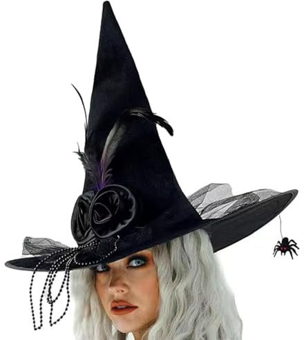DINSOAVR Sombrero, sombrero de bruja para fiesta de Halloween, para mujer, cosplay, tul, flores, mago, gorras de disfraz de moda, gorras de bruja puntiagudas