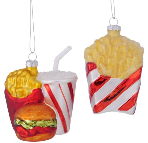 2 STK Glas Weihnachtshänger Burger Pommes Fast Food Kugeln Hänger b151 Weihnachtsbaum Glaskugeln Fastfood lustige Weihnachtskugeln Anhänger 11cm