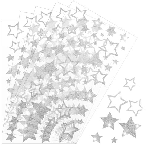 Stern Aufkleber Silber Glitzer Selbstklebend Etiketten Strass Sticker zum Basteln Funkelnde Etiketten für Geschenk Decoration Kleid Patch Furniture Scrapbooking, 5 Bögen