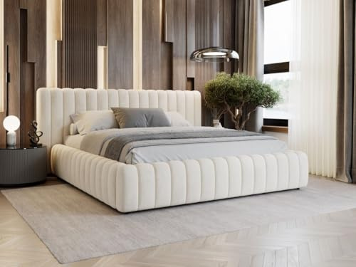 GRAINGOLD Bliss Bett 140x200, Polsterbett mit Bettkasten, Polsterbett mit Stauraum, Samt Stoff, mit Lattenrost, mit Kopfteil, ohne Matratze (Beige, 140x200)