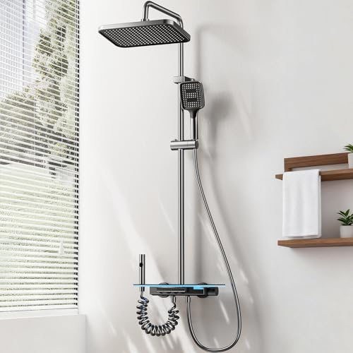 Kinhoou Shower Mixer Set with LED Display, Upgraded Thermostatic Shower Mixer with 30cm Square Rainfall Shower Head, 4 in 1 Shower Riser Rail Kit with Ambient Lights, 3-Way Handheld for Bathroom