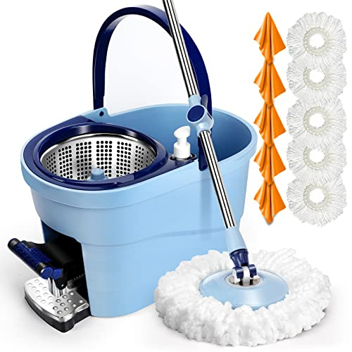 Myiosus Mocio Lavapavimenti Rotante, Rotomop con Pedale, Roto Mop con Secchio e 5 Testine in Microfibra, Spin Mop Professionale per Pulizia Pavimenti, dare 5 Panni