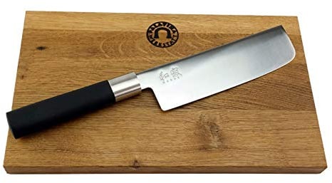 KAI Wasabi Black Geschenkset | ultrascharfes japanisches Nakiri Messer | + massives Schneidebrett aus altem Fassholz 25x15 cm | VK: 88,95 €