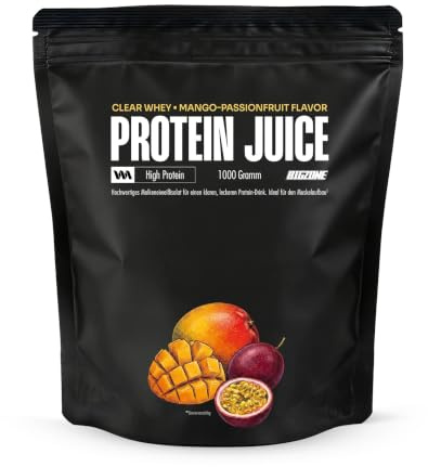 Big Zone Protein Juice Mango Maracuja | Protein Whey Isolat | Erfrischungsgetränk Charakter und Konsistenz | Hoher Proteingehalt | Eiweisspulver niedrige Zucker- & Fettwerte | 1000g