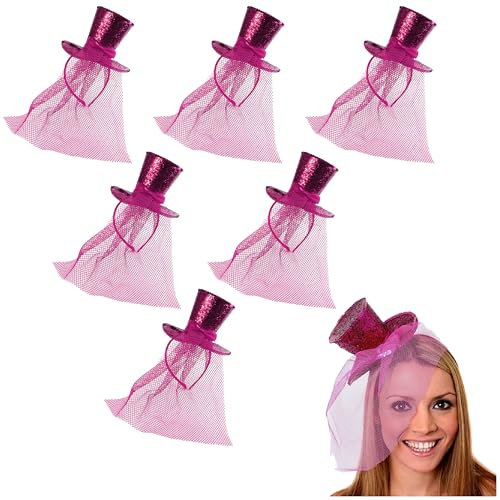 Chapeau haut-de-forme à paillettes pour femme – Lot de 1 – Mini chapeau haut-de-forme rose à paillettes avec voile bibi assorti – Accessoire de déguisement pour femme Halloween Noël