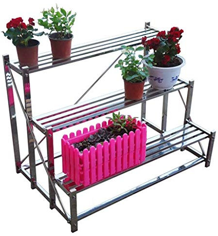 Blumenständer Balkon Topf Rack Mehrschichtigen Pflanzenständer Bodenstehendes Edelstahl-Lagerregal Dreischichtiger Pflanzenständer (Color : Silver, Size : 60 * 75cm)