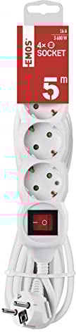 EMOS - 4-fach Steckdosenleiste 5m mit Schalter - 4 Schuko-Steckdosen 45° gedreht - 250 V, 16 A, 3680 W - PVC-Isolierung - H05VV-F3G 1,5 mm2 - erhöhter Berührungsschutz - IP20 für Innen - weiß