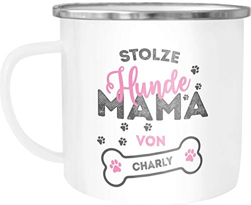 SpecialMe® Emaille-Tasse Emaille-Becher stolze Hundemama mit eigenem Hundenamen personalisierte Geschenke Hundebesitzer weiß-metall Emailletasse