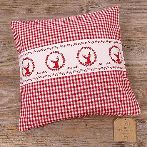 Kissen-Bezug in 30x30 cm für Deko-Kissen Sofa-Kissen - Baumwolle Kissen-Hülle RESI im Landhaus-Stil Hirsch rot weiß kariert - Waschbarer Reißverschluss Zierkissen-Bezug für Couchkissen