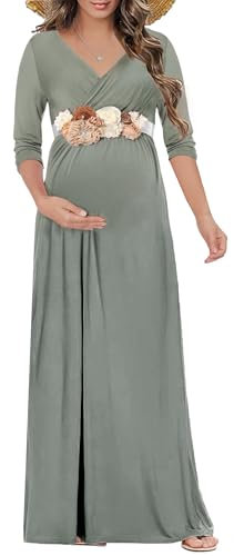 KIM S Umstands-Maxikleid mit Blumenschärpe (S-3XL) / gewickelter gerüschter V-Ausschnitt für Fotoshootings, Babypartys, Grau/Grün, Groß