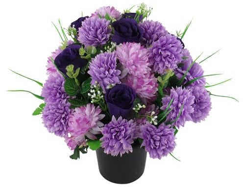 Artificial flowers Grave arrangement Purple Rosebuds and Chrysanthemums 25cm