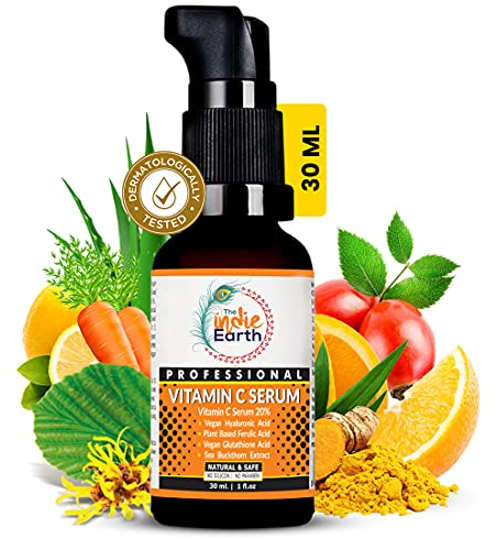 The Indie Earth Vitamin C Serum with Turmeric, Vitamin E, Vegan Hyaluronic Acid, Ferulic Acid and Vegan Glutathione Acid Serum (30 ml) Best Vitamin C Serum Best Fairness Serum