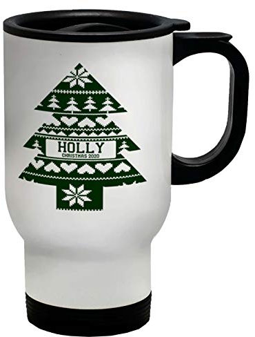 Shopagift Personalised Christmas Pattern Any Name Green Xmas Tree Travel Mug Cup
