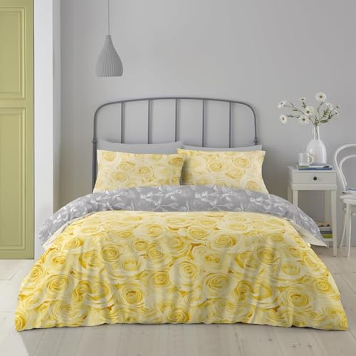 FAIRWAYUK Rose Bedding Set, Yellow Duvet Cover Double Bed Size with Pillowcase, Ultra Soft Reversible Quilt Covers Easy Care, Button Closure, 200x200cm