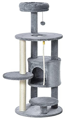 PawHut Cat Tree Tower for Indoor Cats 112cm Climbing Kitten Activity Center with Jute Scratching Post Perch Hanging Ball Toy Teasing Rope Dark grey