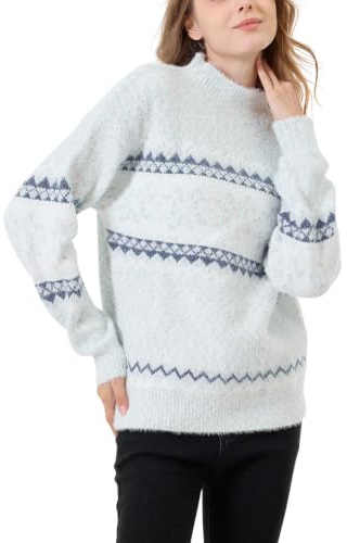 KANDEMY Damen Weihnachtspullover mit kleinem Stehkragen Christmas Pullover Warm Strickpullover mit Streifen Schneeflocken Winter Pullis für Frauen Oberteile Langarm