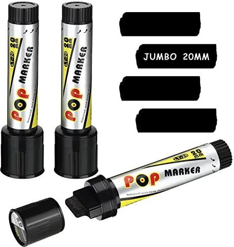 3 Pieces Acrylic Paint Marker 20 mm Jumbo Black Water Based Art Pen - Broad Chisel Permanent Tagging for Stone, Ceramic, Glass, Wood, Rock Painting
