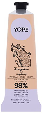 YOPE Crema per le mani Oli di mandorle dolci, baobab e jojoba Burro di karité Idratante Levigante 98% di Ingredienti Naturali Formula vegana Mandarino e lampone 50ml