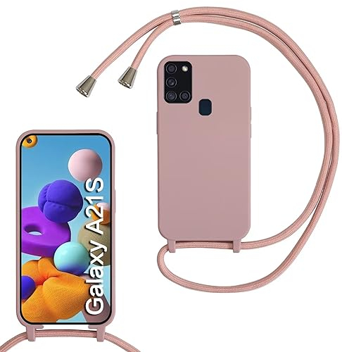 MBSLFY Silikon Handykette für Samsung Galaxy A21S Hülle mit Band,Silikon Necklace Handyhülle mit Abnehmbar Kordel zum Umhängen Stossfest Bumper Handy Schutzhülle für Samsung Galaxy A21S, Hell Pink