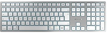 CHERRY KW 9100 SLIM FOR MAC, Kabellose Mac-Tastatur, Französisches Layout (AZERTY), Bluetooth oder 2,4 GHz Funk, Flache Tasten, Wiederaufladbar, Weiß-Silber