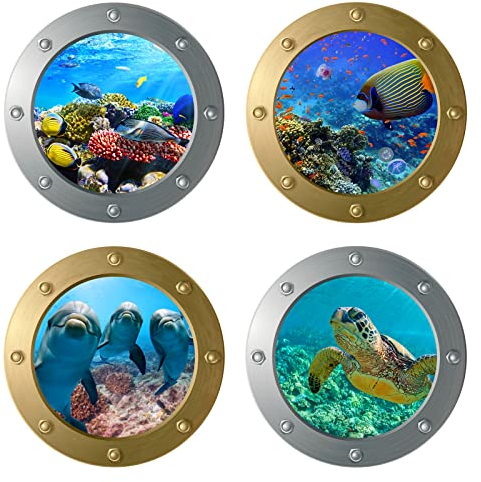 AIBAOBAO 4 Piezas 3D Vida marina Pegatinas de Pared, 3D Submarino Ventana Decorativos, Pared de Vida Marina Delfín Ventana Azulejo Decoración de Ojo de Buey para Dormitorio Sala de Estar Baño