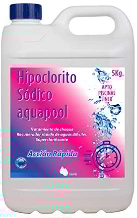 Cloro Choque Líquido Clarificante HIPOCLORITO SÓDICO al 15% AQUAPOOL 6 KG 5 litros - Cloro Acción rápida - Súperclarificante - Recuperador Aguas difíciles - Apto Liner