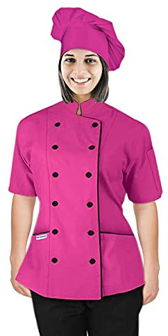 Uniformates Kurzarm Kochmantel Jacke Uniform mit Kochmütze für Damen für Gastronomie, Bäcker und Kochprofis (Rosa, L)