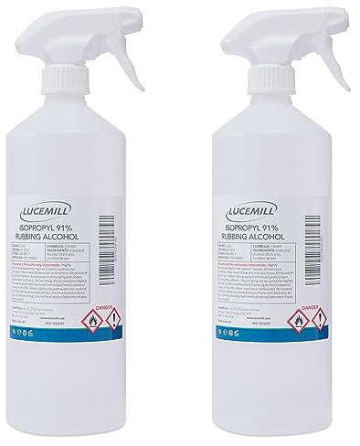 Lucemill 91% Rubbing alcohol | 2 x 1 Litre | Super Strength IPA Surface Sanitiser | 91% Isopropyl Alcohol | Clear Liquid | Comes with Trigger Spray