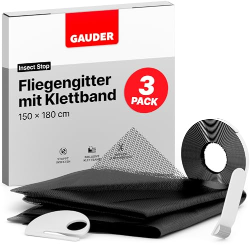GAUDER Fliegengitter für Fenster - Insektenschutz ohne Bohren - Fliegengitter mit Klettband - Fliegennetz aus Polyester - Mückennetz & Moskitonetz für Fenster (3 Stück - 150 x 180 cm - schwarz)