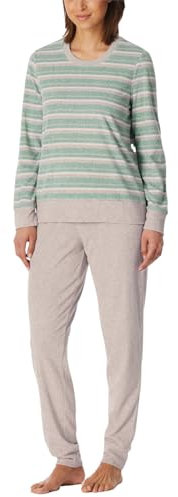 Schiesser Damen Schlafanzug lang Frottee warm kuschelig wohlfühlen-Nightwear Pyjamaset, grün-Mel_181968, 50