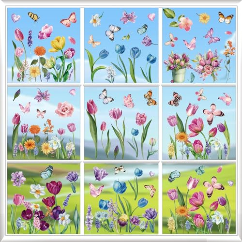 BBLIKE Fensterbilder Frühling 9 Blätter Fenstersticker Frühling Ostern Selbstklebend Tulpen Schmetterlinge Fensteraufkleber Wiederverwendbare für Fensterdeko Kinderzimmer Party Zubehör