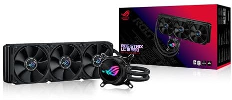 ASUS ROG Strix LC III 360 all-in-one CPU liquid cooler with 360° rotatable water block, 7th gen V2 Asetek pump, Premium ROG fans, and 10+ custom Aura lighting effects.