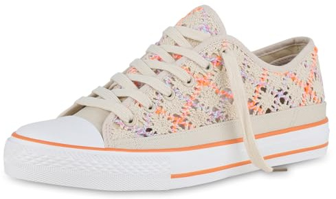 VAN HILL Damen Sneaker Low Flach Spitze Bequem Schuhe 215783 Beige Orange 42