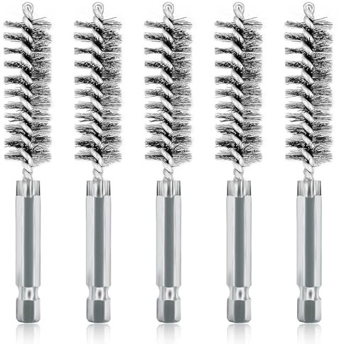ASNOMY Lot de 5 brosses à alésage en acier inoxydable de 1,4 cm – Brosse métallique à poils en acier inoxydable avec tige hexagonale de 6,35 mm pour nettoyage de perceuse électrique