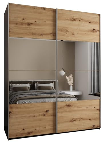 MEBLE KRYSPOL LUX 4 Schrank mit 2 Schiebetüren mit elegantem Spiegel in der Mitte der Front - Geräuschloses Schließen - System HETTICH Topline L - 245,5x190x64cm - Schwarz, Artisan, Silber