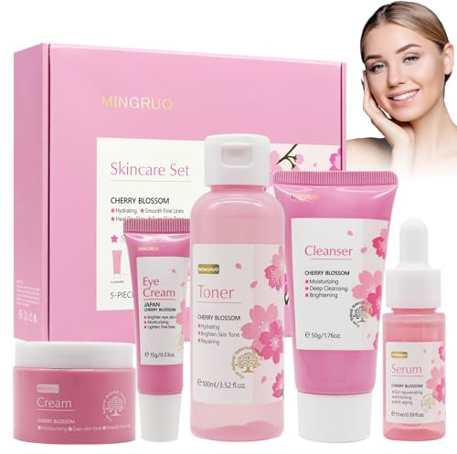 MINGRUO 5 Piezas Set de Cuidado de la Piel Sakura, Kit hidratante para el Cuidado de la Piel, Herramienta Para El Cuidado Del Rostro, Kit De Cuidado De La Piel Con Efecto Hidratante (5-set)
