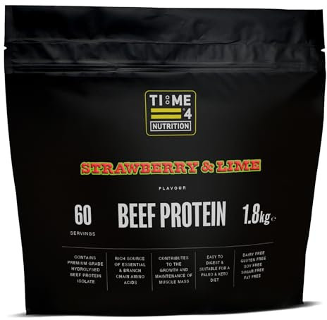 Time 4 Beef Protein Hydrolysed Beef Protein Isolate Gluten, Soy, Fat & Sugar Free Virtually Carb Free, High Protein, Delicious Fruity Flavours, 60 Servings (1.8kg, Strawberry & Lime)