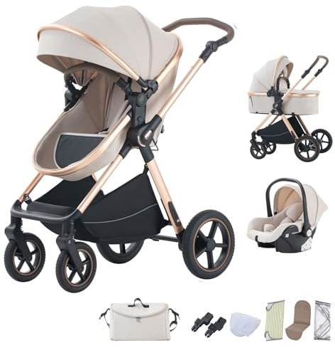 BEBBY passeggino trio, combinazione passeggino 3 in 1 passeggino cittadino con passeggino passeggino portatile con neonato passeggino pieghevole di lusso con passeggino ad alta vista (D2-RICEWHITE)
